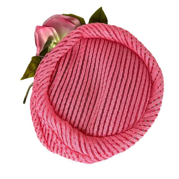 Vintage 50s Pink Woven Pillbox Rose Hat - Picture 2 of 7